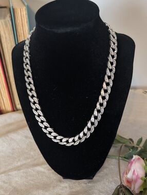 Y2K Rhinestone Cuban Link Necklace  Silver Tone Glam Chain  Pavé Crystal Detail